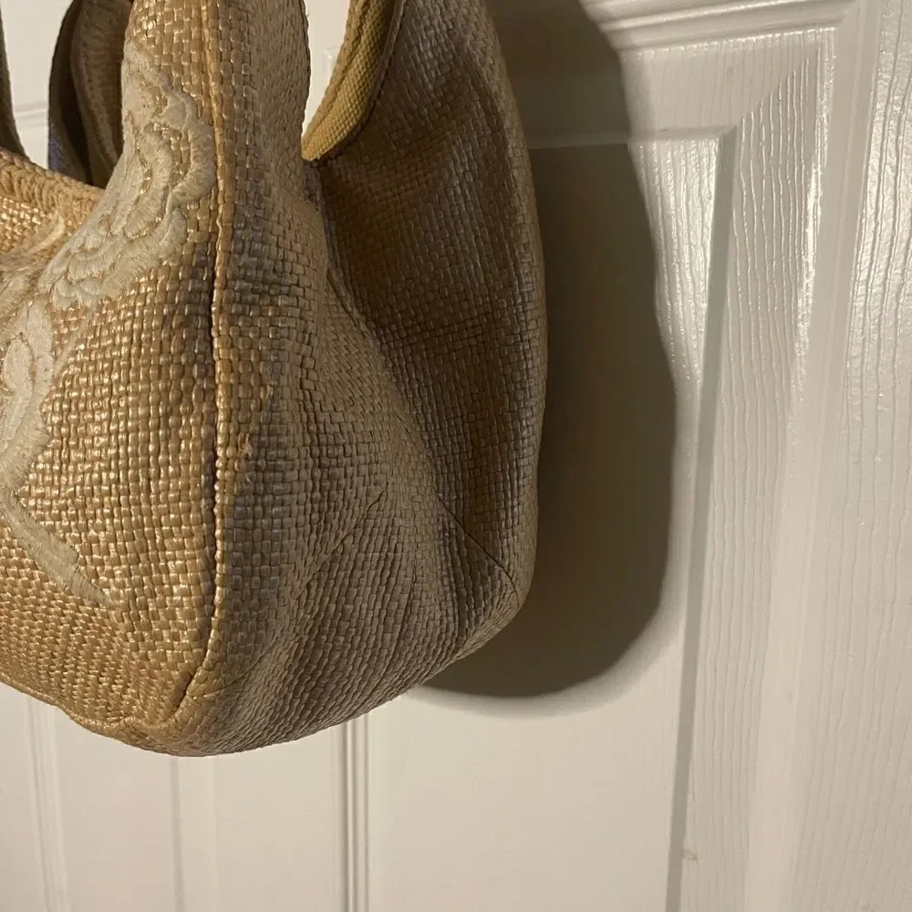 Forth & Towne Cognac synthetic woven Satchel beige embroidery tan leather straps